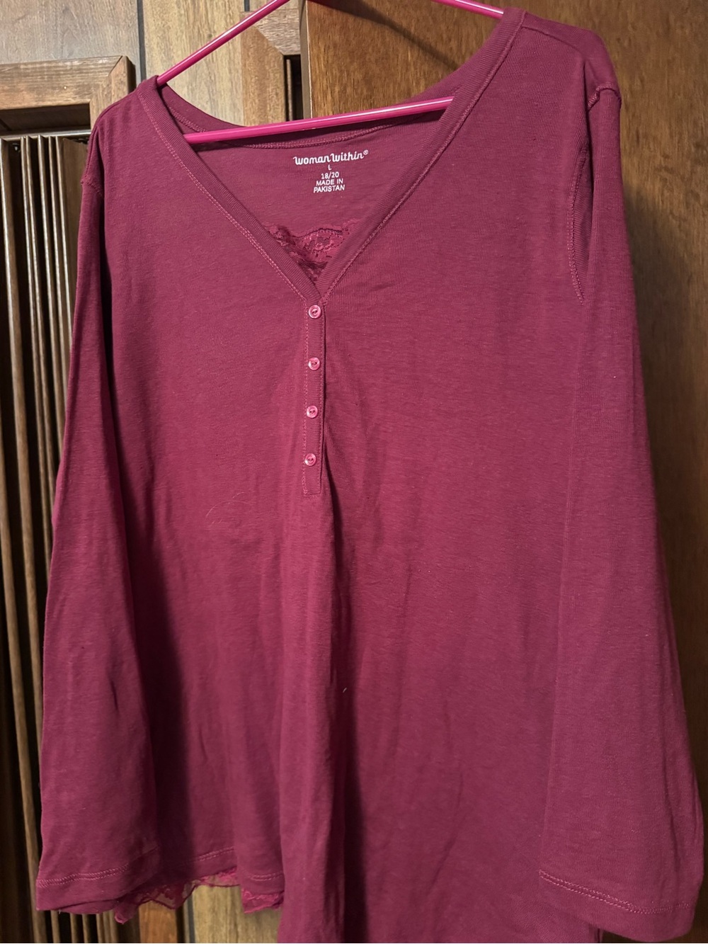 Woman Within Plum Lace-Trim V-Neck Long Sleeve Top